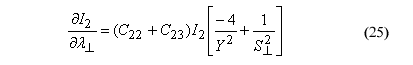 This equation reads the quotient of lowercase delta I subscript 2 over lowercase delta perpendicular lambda equals the quantity C subscript 22 plus C subscript 23 end quantity, times stress invariant subscript 2, times the quantity of negative 4 over general perpendicular wood strength superscript 2 plus 1 over perpendicular shear strength superscript end quantity.