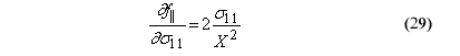 This equation reads lowercase delta parallel F over orthotropic stress component subscript 11 equals 2 times orthotropic stress component subscript 11 over general parallel wood strength superscript 2.