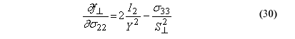 This equation reads lowercase delta perpendicular F over lowercase delta sigma subscript 22 equals 2 stress invariant subscript 2 over general perpendicular wood strength superscript 2 minus orthotropic stress component subscript 33 over perpendicular shear strength superscript 2.