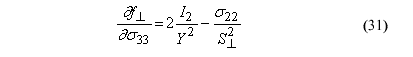 This equation reads lowercase delta perpendicular F over lowercase delta sigma subscript 33 equals 2 times the stress invariant subscript 2 over general perpendicular wood strength superscript 2, all minus orthotropic stress component subscript 22 over perpendicular shear strength superscript 2.