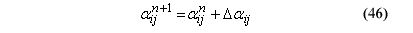 This equation reads Backstress tensor for hardening model superscript N plus 1 equals backstress tensor superscript N plus delta alpha backstress tensor.