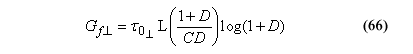 This equation reads Shear fracture energy equals initial parallel strain energy type value for damage initiation Element length times the quantity of 1 plus perpendicular softening parameter over C perpendicular softening parameter end quantity, times the log of 1 plus perpendicular softening parameter.