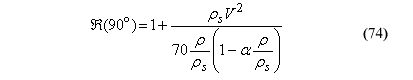 This equation reads Stress enhancement factor at ninety degrees equals 1 plus wood solid phase impact velocity superscript 2 over 70 density of wood over wood solid phase density times the quantity of 1 minus alpha times the density of wood over wood solid phase density end quantity.