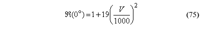 This equation reads Stress enhancement factor at zero degrees equals 1 plus 19 times impact velocity over 1000 superscript 2.