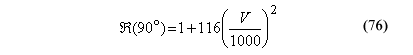 This equation reads Stress enhancement factor at ninety degrees equals 1 plus the product of 116 times parenthesis the quotient of impact velocity divided by 1000 parenthesis superscript 2.