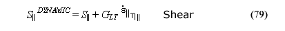 This equation reads parallel shear strength superscript DYNAMIC equals parallel shear strength plus the product of shear moduli subscript LT superscript parallel scalar effective strain rate times parallel tension/shear rate-effect fluidity parameter.