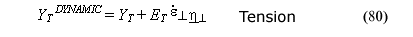 This equation reads Perpendicular wood strength tension superscript DYNAMIC equals perpendicular wood strength tension plus the product of normal moduli subscript T superscript perpendicular scalar effective strain rate times perpendicular tension/shear rate-effect fluidity parameter.