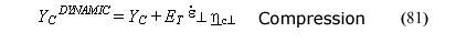 This equation reads Perpendicular wood strength compression superscript DYNAMIC equals perpendicular wood strength compression plus the product of normal moduli subscript T superscript perpendicular scalar effective strain rate times perpendicular compression rate-effect fluidity parameter.