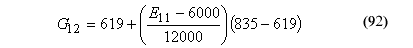 This equation reads Shear moduli of an orthotropic material subscript 12 equals 619 plus the product parenthesis the quotient of the difference of normal moduli subscript 11 minus 6000 divided by 12000 parenthesis times parenthesis 835 minus 619 parenthesis.