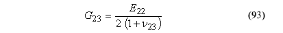 This equation reads Shear moduli of an orthotropic material subscript 23 equals the quotient of normal moduli subscript 22 divided by the product of 2 times parenthesis1 plus Impact velocity subscript 23 parenthesis.