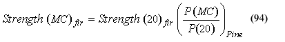 This equation reads Douglas fir strength as a function of moisture content equals the product of Douglas fir strength at 20-percent moisture content times parenthesis the quotient of the parameter Capital P as a function of moisture content divided by the parameter Capital P at 20-percent moisture content subscript pine.