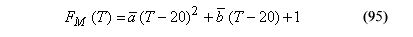 This equation reads Scale moduli factor as a function of temperature equals the product of the mean of lowercase A times parenthesis temperature minus 20 parenthesis superscript 2 plus the product of the mean of lowercase B times parenthesis temperature minus 20 parenthesis plus 1.