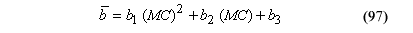 This equation reads the mean of lowercase B equals the product of lowercase B subscript 1 times moisture content superscript 2 plus the product of lowercase B subscript 2 times moisture content plus lowercase B subscript 3.