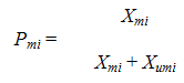Equation 5. A marked crosswalk exposure proportion, P subscript MI, equals X subscript MI over X subscript MI plus the total exposure for unmarked crosswalks in category I, X subscript UMI. 