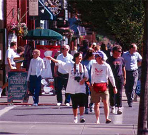 Figure 1. Photo: Pedestrians have a right to cross the road safely and without unreasonable delay. This photo shows a wide sidewalk with lots of pedestrians of various ages, many looking at the window displays of the shops lining the sidewalk.