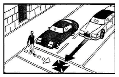 Figure 21. Illustration of multiple-threat pedestrian crash. In this diagram, a man walks in a crosswalk across a two-lane road. The car in the first lane has stopped to yield to the pedestrian, but the second car has not, and the driver's view of the pedestrian is blocked due to the car in the first lane.
