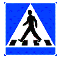 Figure 3. Diagram. Sign accompanying zebra crossings in Sweden. This diagram shows a triangle-shaped sign with a pedestrian walking across a crosswalk inside the triangle.