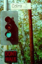Figure 33. Photo. Traffic signals are needed to improve pedestrian crossings on some high-volume or multilane roads. The photo shows a green light on a traffic signal and a pedestrian signal that says "Don't Walk."