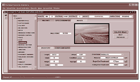 Figure. RFI screen capture. Computer screen shot. This figure presents a computer image of the New Mexico Department of Transportation's Road Feature Inventory (RFI) database. The screen shows a navigational bar on the left, and on the right side of the screen are the following fields: Route, Patrol, District, Asset, and Direction. Under these fields are three tabs for different screens: Mile Information, GPS Coordinates, and Images. The "Images" screen is shown, and a photo of New Mexico route 9 is shown at mile point 52.255. The lowest third of this part of the screen shows two tabs for different screens: Inventory and Costs and Dates. The "Inventory" tab is displayed, which shows the length, width, height, color, offset, condition, signage, orientation, material, begin end treatment, and ending end treatment of the section in question.