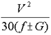 Equation 2: S equals V squared divided by 30 times the result of f plus or minus G. The result is added to 3.67 times V.