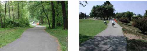 Figure 17: Photo. Paint Branch Trail, College Park, MD. This photo shows the Paint Branch Trail in College Park, MD. A paved trail winds through a heavily wooded area. A data collection event was held here on May 3, 2003. Figure 18: Photo. San Lorenzo River Trail, Santa Cruz, CA. This photo shows the San Lorenzo River Trail in Santa Cruz, CA. It is an open trail with a large grassy area on one side. The other side gives way to a gentle embankment. One bicyclist is on the trail. A data collection event was held here on June 13, 2003.