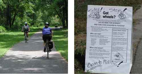 Figure 20: Photo. Trail users consisted of both active and in situ participants. There are two bicyclists riding on this trail. One is wearing a bib with a number on it, indicating that he is an active participant. The other is not wearing a bib, indicating that he is an in situ participant. Figure 21: Photo. Trail user intercept signage. Signs were placed on the trails to intercept trail users and encourage them to participate in the data collection events. The sign shown in this photo invites trail users to participate and provides information about who can ride, when and where, and details.