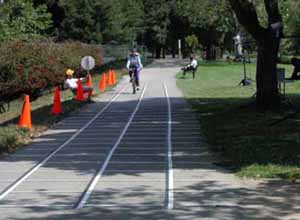 Figure 42: Photo. STOP sign controller signaling a bicyclist to stop. A participant is riding her bicycle through the stopping sight distance section. An event staff person is holding up a STOP sign to signal the participant to stop 'as quickly as is comfortable.' 