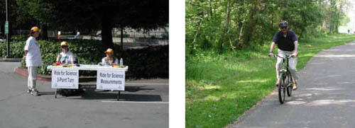 Figure 55: Photo. Many volunteers assisted with the "Ride for Science" events. Two event staff people are at a table talking to an inline skater at the table. Figure 56: Photo. Many volunteers participated in the "Ride for Science" events. A participant is riding his bicycle on a trail.