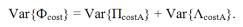 The equation reads Var times open curly bracket capital letter phi subscript cost, close curly bracket equals Var times open curly bracket, capital letter pi subscript cost A, close curly bracket plus Var open curly bracket, capital letter lambda subscript cost A, close curly bracket.