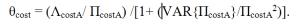 The equation reads theta subscript cost equals open parentheses capital letter lambda subscript cost A divided by capital letter pi subscript cost A, close parentheses divided by open parentheses VAR times open curly bracket, capital letter pi subscript cost A close curly bracket, divided by capital letter pi subscript cost A, superscript two, close parentheses, close bracket.