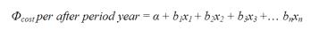 The equation reads capital letter phi subscript cost per after period year equals alpha plus b subscript 1 times x subscript 1, plus b subscript 2 times x subscript 2, plus b subscript 3 times x subscript 3, plus etc, etc through b subscript n times x subscript n.