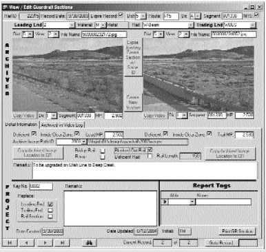 Figure 1. GRail-Guardrail inventory detail. Computer screen capture. This is a screen capture of the GRail system, the new video logging system using digital photo imaging data. The upper half of the screen is composed of two archived images of a blocked out rail. Above and below each image are data fields and drop down menus that show the name of the image, and other unique features to that image. The bottom half of the screen capture is divided into three sections, a data entry sheet titled Detail Information with additional drop down menus and buttons that go into details about the images on top. It also includes a Remarks section that indicated that the blocked out rail will be upgraded on Utah Line to Deep Creek. The second section is titled Project and has a Key number field, a Remarks field, and Replace field. The last section is titled Project Tags and has two fields; Abbreviation and Name.