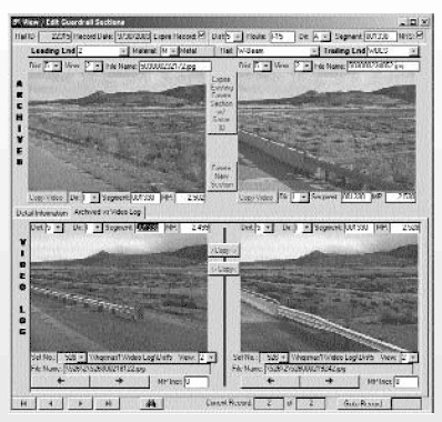 Figure 2. GRail-Guardrail inventory photo log entry. Computer screen capture. This is a screen capture of the GRail system. The screen in divided into two sections; the Archived and the Video Log sections. The Archived section is displayed on the upper half of the screen and is composed of two images of a blocked out rail. Above and below each image are data fields and drop down menus that show the name of the image, and other unique features to that image. The Video Log section is displayed on the lower half of the screen and is composed of two images with changes to the blocked out rail displayed in the upper two images. Again, above and below each image are data fields and drop down menus that show the name of the image, and other unique features to that image.