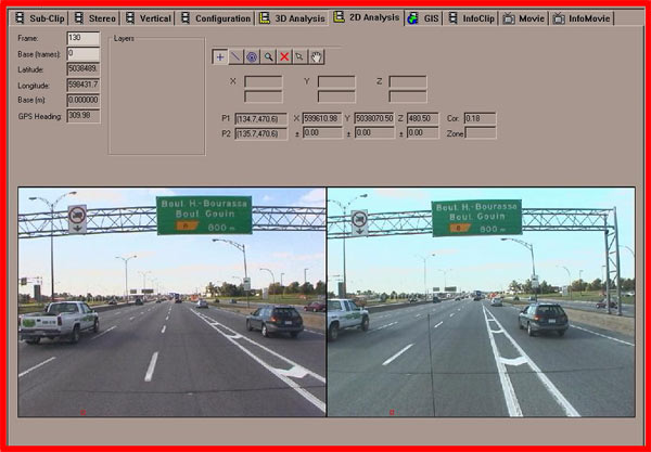 This screenshot of a window in the computer application, Virtual Drive, shows menu tabs across the top that allow users to switch between data screens. The selected tab shows a list of descriptive information on the upper left, a toolbar with buttons across the center, and characteristics of X, Y, and Z axes for two video images that appear in a split screen beneath the information. The side-by-side video images show a four-lane highway stretching into the distance with an onramp on the right. The shots reflect small differences between the video on the left taken by the camera mounted above the driver-side door and the video on the right taken by the camera mounted above the passenger-side door.