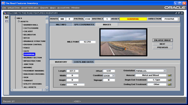 This screenshot shows a window in Microsoft Internet Explorer. The window contains several elements. A table across the top of the screen contains information about one specific asset type, guardrails, on New Mexico Route 9. Below the table is a graphic divided into three side-by-side areas. The area to the left contains a rectangular spatial map of RFI assets. To the right of the map area is the map legend and, on the far right, is a theme list. The list contains a number of geographical and asset items, which are all selected with a check mark.