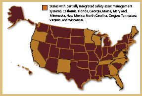 A map showing the states with partially integrated safety asset management systems. California, Florida, Georgia, Maine, Maryland, Minnesota, New Mexico, North Carolina, Oregon, Tennessee, Virginia, and Wisconsin