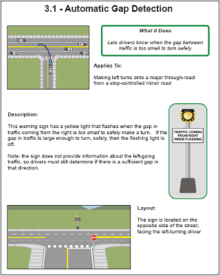 The three-part graphic shows scenario 3 for turning left onto a major road with moderate traffic. This warning sign has a yellow light that flashes when the gap in traffic coming from the right is too small to safely make a turn. If the gap in traffic is large enough to turn safely, then the flashing light is off. The sign does not provide information about the left-going traffic, so drivers must still determine if the gap is sufficient in that direction. In the layout, the sign is located on the opposite side of the street, facing the left-turning driver. 
