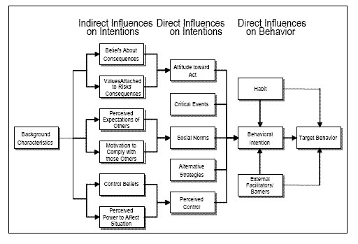 The model contains several association levels (or background characteristics) whose influence on target behavior becomes more direct as the factors move from left to right. Influences on behavior include: indirect influences on intentions (beliefs about consequences, value attached to risks’ consequences, perceived expectations of others, motivation to comply with those others, control beliefs, and perceived power to affect situation), direct influences on intentions (attitude toward act, critical events, social norms, alternative strategies, and perceived control, and direct influences on behavior (habit, behavior intention, and external facilitators/barriers). 