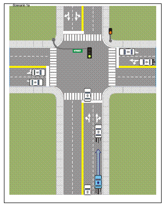 Depiction of pre-scenario major roads with traffic traveling at speed, approaching a signalized intersection with a green light. The driver in the blue car is in the right lane behind a white leading vehicle