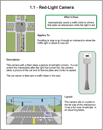 The three-part graphic shows scenario 1, red-light running as it applies to the decision whether to go through an intersection when the traffic light is about to turn red. The illustration and the description explain that the flash camera takes a picture of the car and its license plate and clocks its speed when a driver runs a red light. This automated system then sends a traffic ticket in the mail to the violator. In the layout, the camera sits on a pole on the far side of the intersection with a full view of vehicles in all oncoming lanes. 