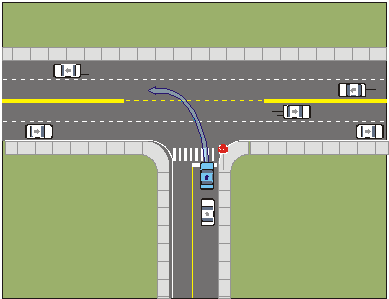 Figure 7. Diagram. Graphic used to describe scenario 3: Turning left onto a major road with moderate traffic. A consistent flow of high speed vehicles travels in both directions on the unsignalized major road. The blue vehicle is stopped on a minor road with only a stop sign and waits to turn left onto the major road, where vehicles are not required to stop.