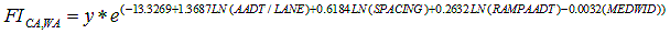 Equation 10. Equation. Combined Fatal/Injury model. Uppercase FI subscript uppercase C A comma uppercase W A equals y times exponential open parentheses minus 13.3269 plus 1.3687 times natural logarithm uppercase A A D T per LANE plus 0.6184 times natural logarithm uppercase SPACING plus 0.2632 times natural logarithm RAMP A A D T minus 0.0032 times uppercase M E D W I D close parentheses.