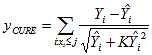 Equation 12. Equation. Definition of cumulative residual. Lowercase y subscript uppercase CURE equals summation under script lowercase i colon lowercase x subscript lowercase i less than or equal to lowercase j uppercase Y subscript lowercase i minus uppercase Y hat subscript lowercase i divided by the square root of uppercase Y hat subscript lowercase i plus uppercase K times uppercase Y hat subscript lowercase i squared.