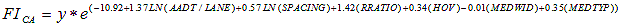 Equation 2. Equation. Fatal and injury prediction model derived from California crash data. Uppercase F I subscript uppercase C A equals y times exponential open parentheses minus 10.92 plus 1.37 times natural logarithm uppercase A A D T per LANE plus 0.57 times natural logarithm uppercase SPACING plus 1.42 times uppercase R RATIO plus 0.34 times uppercase H O V minus 0.01 times uppercase M E D W I D plus 0.35 times uppercase M E D T Y P close parentheses.