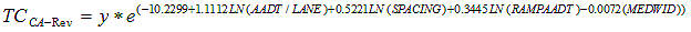 Equation 3. Equation. Revised Total Crash prediction model derived from California data (used to validate Washington data). Uppercase TC subscript uppercase C A-Rev equals y times lowercase exponential open parentheses minus 10.2299 plus 1.1112 times natural logarithm uppercase A A D T per LANE plus 0.5221 times natural logarithm uppercase SPACING plus 0.3445 times natural logarithm uppercase RAMPAADT minus 0.0072 times uppercase M E D W I D close parentheses.