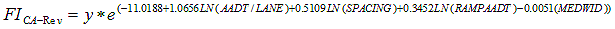 Equation 4. Equation. Revised Fatal/Injury prediction model derived from California data (used to validate Washington data). Uppercase TI subscript uppercase C A-Rev equals y times exponential open parentheses minus 11.0188 plus 1.0656 times natural logarithm uppercase A A D T per LANE plus 0.5109 times natural logarithm uppercase SPACING plus 0.3452 times natural logarithm uppercase RAMP A A D T minus 0.0051 times uppercase M E D W I D close parentheses.
