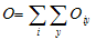 Capital O equals summation, lowercase i, summation, lowercase y, capital O subscript i-y. Explanation: Total number of observed crashes across selected sites and analysis years bracket C-A-P parenthesis O close parenthesis, close bracket equals double summation across select sites, i, and analysis years, y, of observed number of crashes bracket C-A-P-parenthesis O close parenthesis, close bracket at site i during year y.