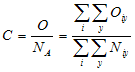 Capital C equals capital O divided by capital N subscript A equals summation parenthesis i close parenthesis summation parenthesis y close parenthesis capital N subscript i-y, that amount divided by summation parenthesis ii close parenthesis summation parenthesis y close parenthesis capital N subscript i-y. Explanation: Calibration coefficient bracket Cap parenthesis C close parenthesis, close bracket equals total number of observed crashes across selected sites and analysis years bracket C-A-P parenthesis O close parenthesis, close bracket divided by total number of predicted crashes across selected sites and analysis years bracket C-A-P-parenthesis N close parenthesis) subscript A, close bracket, which equals double summation across select sites, i, and analysis years, y, of observed number of crashes bracket CAP parenthesis O close parenthesis, close bracket at site i during year y divided by double summation across select sites, i, and analysis years, y, of predicted number of crashes bracket C-A-P-parenthesis N close parenthesis, close bracket at site i during year y.