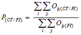 Capital P subscript capital C-T forward slash F-I equals summation parenthesis i close parenthesis, summation parenthesis y close parenthesis of capital O subscript i-y capital C-T forward slash F-I divided by summation parenthesis i close parenthesis summation parenthesis y close parenthesis of capital O subscript i-y F-I. Explanation: Calculated proportion of crashes of the crash type of interest for all F-I crashes bracket C-A-P parenthesis P close parenthesis subscript C-T forward slash F-I close bracket for all years of available data equals double summation across select sites, i, and analysis years, y, of observed number of F-I crashes bracket C-A-P parenthesis O close parenthesis, close bracket of the given type of interest at site i during year y divided by double summation across select sites, i, and analysis years, y, of observed number of F-I crashes bracket C-A-P parenthesis O close parenthesis, close bracket at site i during year y.