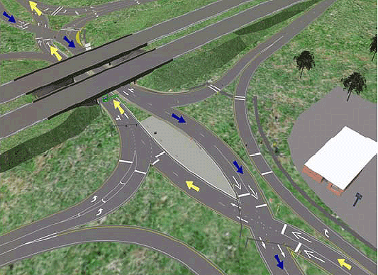 This image shows a computer-generated photo from the Highway Driving Simulator illustrating an aerial view of the diverging diamond interchange with arterial travel directions. Colored arrows have been added to emphasize the direction of travel on the arterial. Traffic coming from one side of the interchange crosses over to the left side of the roadway and continues on the left side, crossing the underpass, and then returning to the right side of arterial.